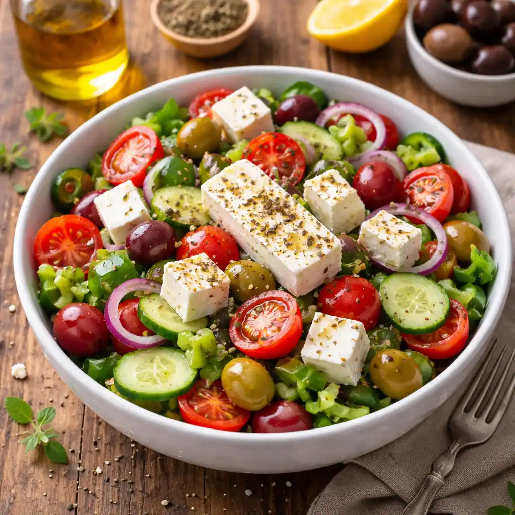 Greek 1 Un bol blanco profundo lleno de una colorida ensalada griega. Contiene tomates cherry rojos cortados por la mitad, rodajas de pepino fresco, aros de cebolla morada y aceitunas Kalamata verdes y oscuras. En el centro destaca un bloque grande de queso feta espolvoreado con orégano seco y aceite de oliva, rodeado de cubos de queso más pequeños. La ensalada se presenta sobre una mesa de madera rústica con una aceitera y un limón al fondo.