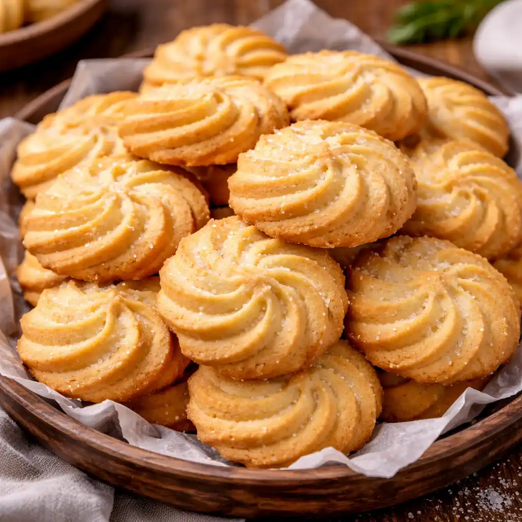 Dessert 3 Un cuenco de madera rústico lleno de galletas de mantequilla caseras en forma de espiral o roseta. Las galletas tienen un tono dorado claro y uniforme, están espolvoreadas con azúcar cristalino fino que brilla bajo la luz. Reposan sobre papel de horno blanco dentro del cuenco, sobre una mesa de madera oscura.