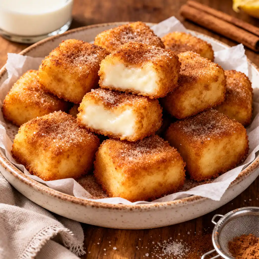 Panna Cotta Italiana 9 Un plato de cerámica con una montaña de cuadraditos de leche frita casera, con un rebozado dorado y crujiente espolvoreado con azúcar y canela. Dos de las piezas superiores están cortadas, mostrando un interior de crema blanca suave y espesa. Al fondo se ven palitos de canela y un vaso de leche sobre una mesa de madera rústica.