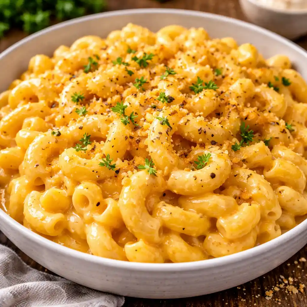 Un bol de cerámica blanca lleno de macarrones con una salsa de queso espesa, brillante y de color amarillo intenso. La pasta está espolvoreada con una capa crujiente de pan rallado dorado, pimienta negra recién molida y pequeñas hojas de perejil fresco. El plato se presenta sobre una mesa de madera oscura con una servilleta de lino gris al lado.