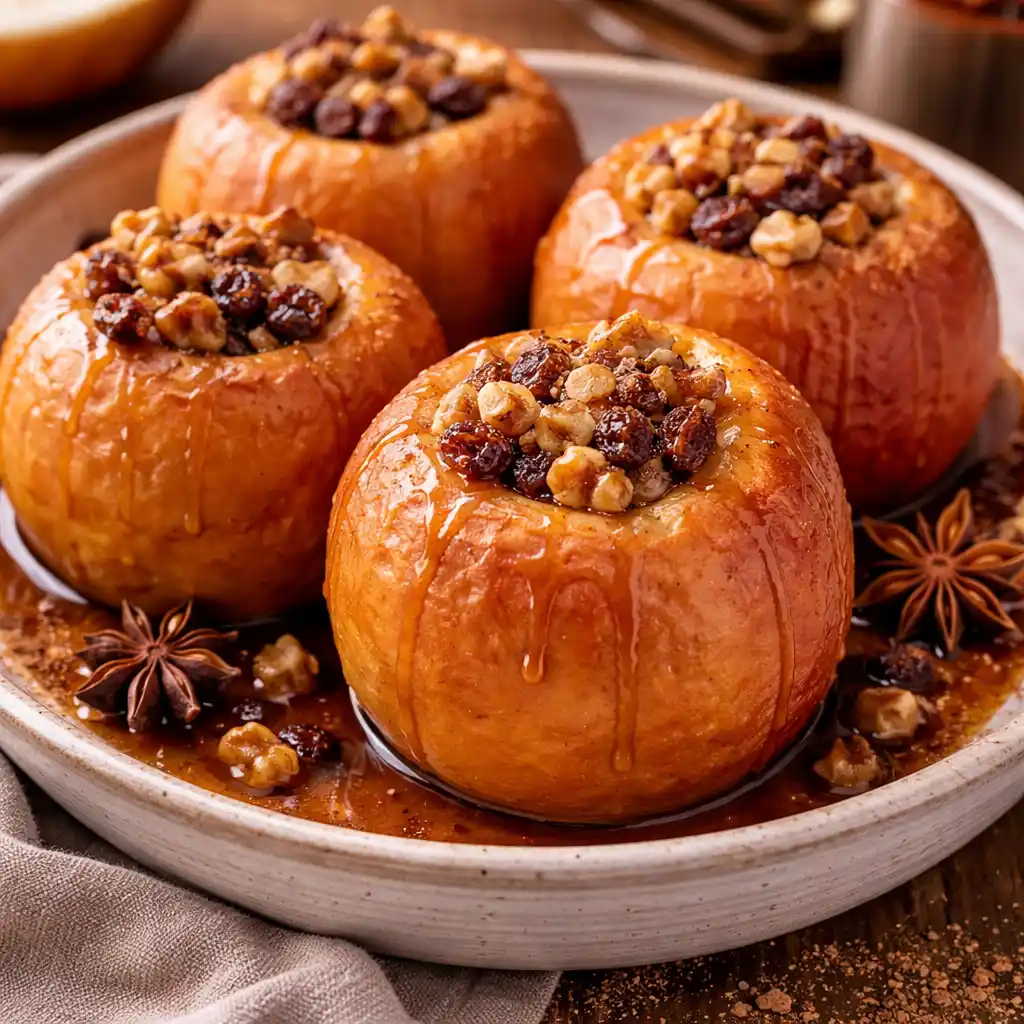 Postres 25 Estas manzanas asadas caseras tienen un aspecto de lo más tierno y almibarado. Aquí tienes las opciones para el texto alternativo: Opción 1: Descriptiva y detallada "Cuatro manzanas asadas servidas en una fuente de cerámica blanca, con la piel dorada y ligeramente arrugada. Cada manzana está rellena en el centro con una mezcla de nueces picadas y pasas, bañadas en un almíbar brillante que gotea por los lados. El plato está decorado con anís estrellado y canela espolvoreada sobre una mesa rústica.
