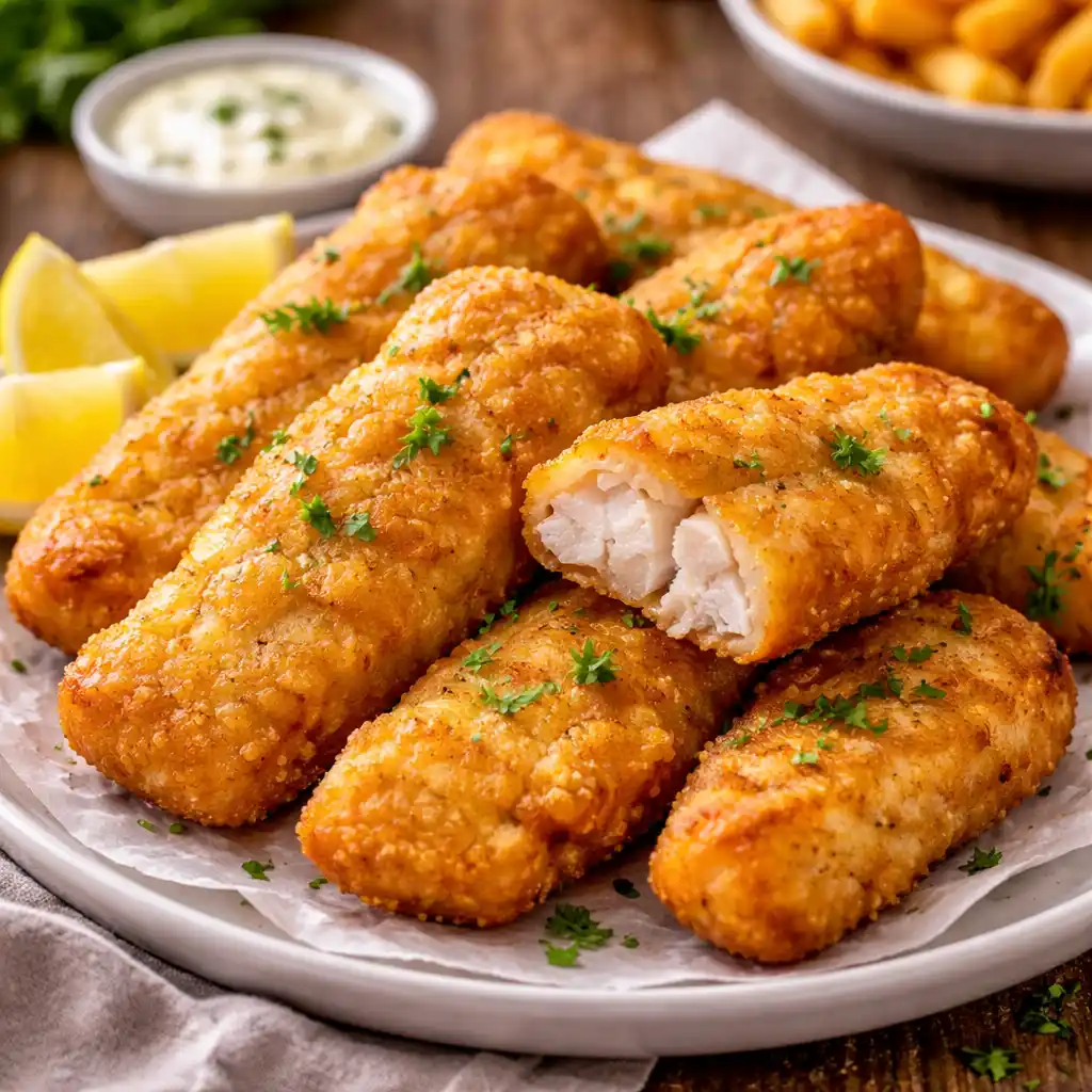 Pescados 11 Varios lomos de merluza a la romana con un rebozado dorado y crujiente, servidos en un plato blanco con papel de cocina. Uno de los trozos está partido, mostrando el interior de pescado blanco jugoso. El plato está acompañado de rodajas de limón, una pizca de perejil fresco y un cuenco de salsa tártara al fondo sobre una mesa de madera.