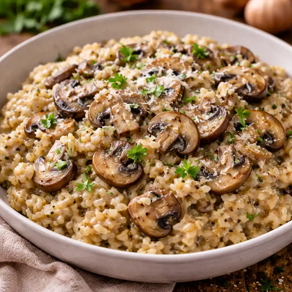 Gazpacho de Sandía 11 Un bol hondo con risotto de champiñones cremoso. El arroz está perfectamente ligado y cubierto con abundantes láminas de champiñones salteados y dorados. Está decorado con perejil fresco picado y queso rallado fino. Al fondo se aprecian una servilleta de lino y una mesa de madera rústica.