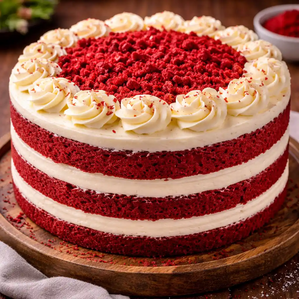 Postres 5 Una tarta Red Velvet de tres pisos presentada sobre una base de madera circular. Se aprecian capas alternas de bizcocho de color rojo vibrante y crema de queso blanca y suave. La parte superior está decorada con rosetones de crema dispuestos en círculo y el centro cubierto con migas de bizcocho rojo. El conjunto reposa sobre una mesa rústica con un fondo cálido.