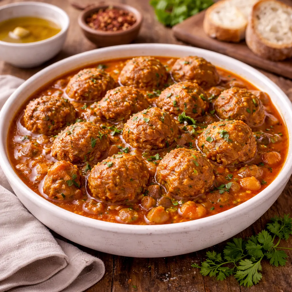 Carnes 11 Un cuenco blanco hondo lleno de albóndigas caseras redondas y jugosas, bañadas en una salsa de tomate y verduras de color naranja intenso. Las albóndigas están espolvoreadas con perejil fresco picado y se asientan sobre una base de trocitos de patata y zanahoria. Al fondo, se ve un cuenco con salsa de aceite, especias, pan rústico y perejil fresco sobre una mesa de madera oscura.