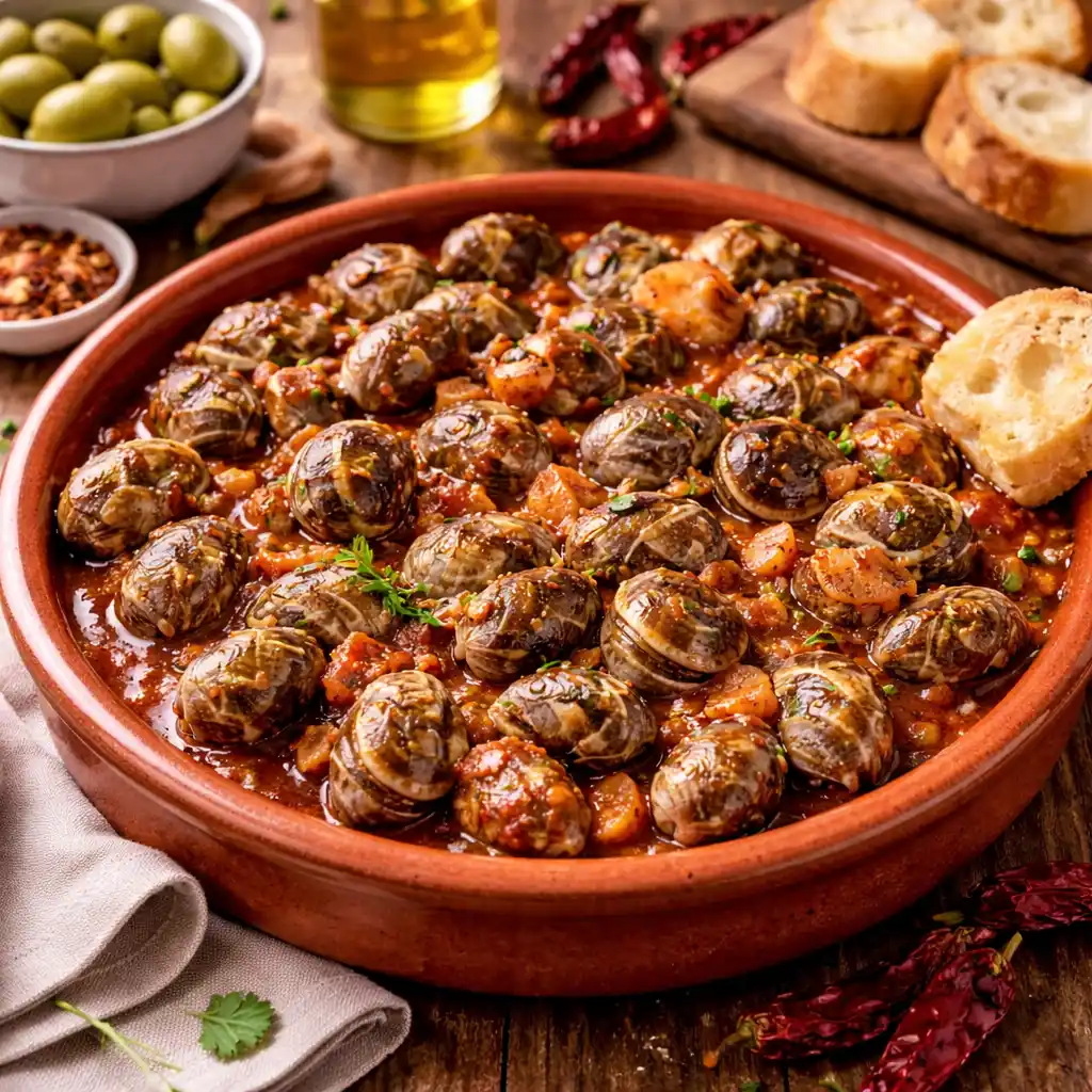Merluza a la vasca 6 Una cazuela de barro tradicional llena de caracoles guisados en una salsa serrana espesa de color rojo intenso, con trozos visibles de jamón, chorizo y verduras. Al fondo, se aprecia una mesa de madera rústica con un cuenco de aceitunas verdes, chiles secos, una aceitera y rebanadas de pan de pueblo listas para mojar en la salsa.