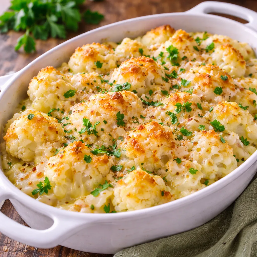 Hummus de garbanzos 6 Una fuente rectangular de cerámica blanca llena de ramilletes de coliflor bañados en una salsa bechamel cremosa y espesa. La parte superior está perfectamente gratinada con queso, mostrando un color dorado y crujiente en las puntas. El plato está decorado con perejil fresco picado y se presenta sobre una mesa de madera rústica, con un paño de cocina verde al lado.