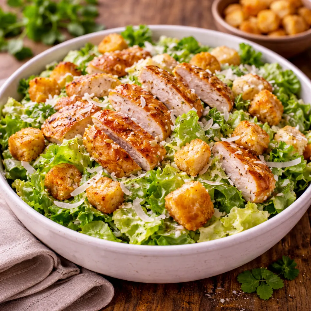 Home 13 Un bol blanco grande con una ensalada César casera. En el centro, pechuga de pollo a la parrilla cortada en tiras doradas, rodeada de abundante lechuga romana fresca, picatostes (croutons) crujientes de pan dorado y lascas de queso parmesano. El plato está decorado con perejil fresco. Al fondo, se aprecia una mesa de madera rústica con un cuenco adicional de picatostes y hierbas aromáticas.