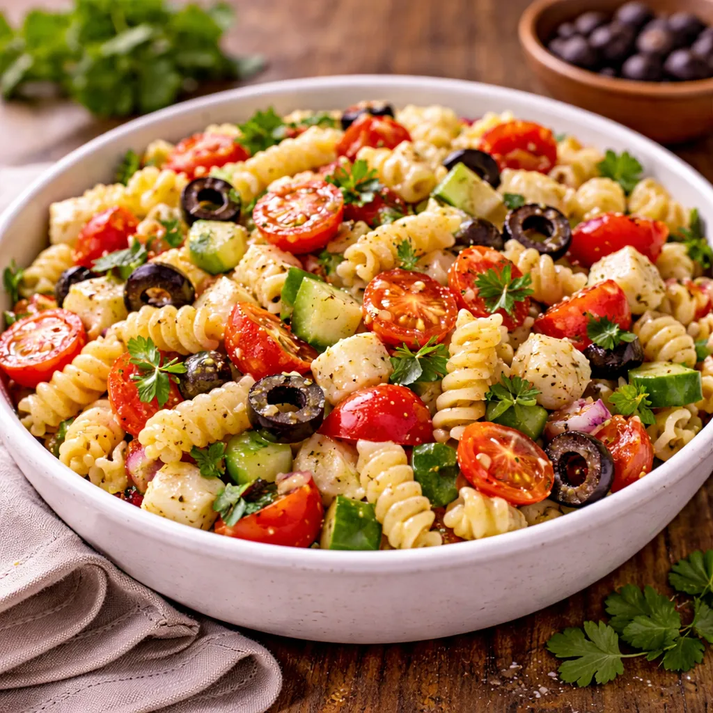 Ensaladas 7 Un bol de cerámica blanca con una ensalada de pasta fría compuesta por espirales (fusilli), tomates cherry cortados por la mitad, rodajas de aceitunas negras, pepino, maíz dulce y dados de pimiento rojo y amarillo. La ensalada está aderezada con hierbas aromáticas y se presenta sobre una mesa de madera rústica, acompañada al fondo por ingredientes frescos como albahaca, aceite de oliva y más hortalizas.