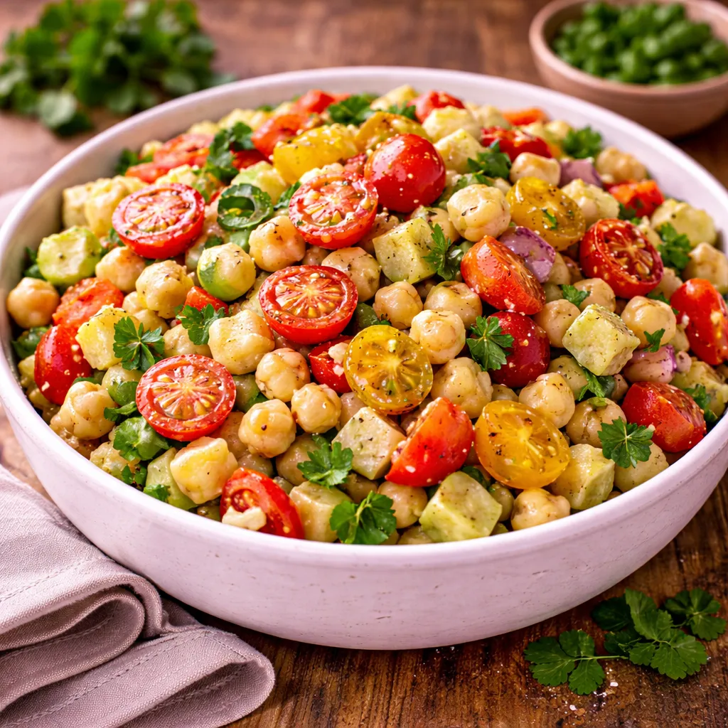 Cocina Española 7 Un bol blanco de cerámica rebosante de una ensalada de garbanzos fresca y colorida. Contiene garbanzos cocidos mezclados con abundantes mitades de tomates cherry rojos y amarillos, dados de pepino verde y trozos de cebolla morada. La ensalada está aderezada con hierbas aromáticas y perejil fresco picado. Al fondo, se aprecia una mesa de madera rústica con un cuenco de guisantes verdes y hojas de perejil.