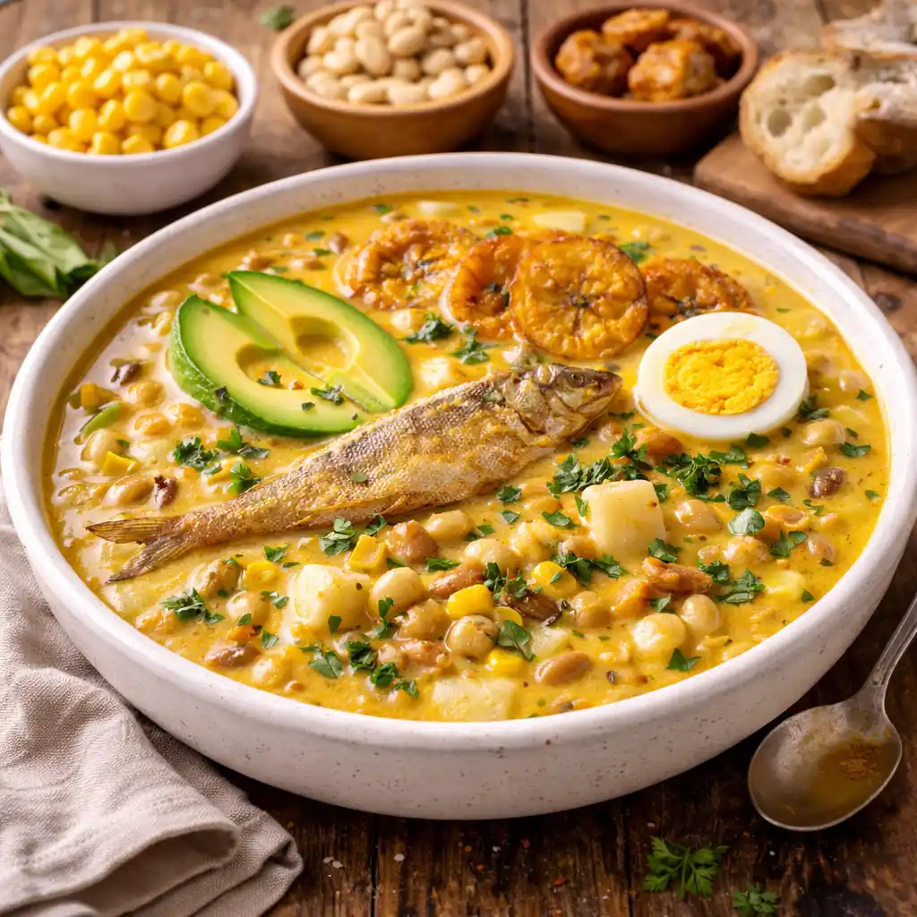 Sopas y cremas 1 Un bol blanco hondo con fanesca ecuatoriana, un guiso espeso y amarillento de granos y legumbres. En el centro destaca un pescado frito entero y dorado, acompañado de rodajas de plátano frito, medio huevo cocido, láminas de aguacate fresco y trozos de patata. El plato está espolvoreado con perejil picado. Al fondo, se ven cuencos con maíz, legumbres, granos y pan rústico sobre una mesa de madera.