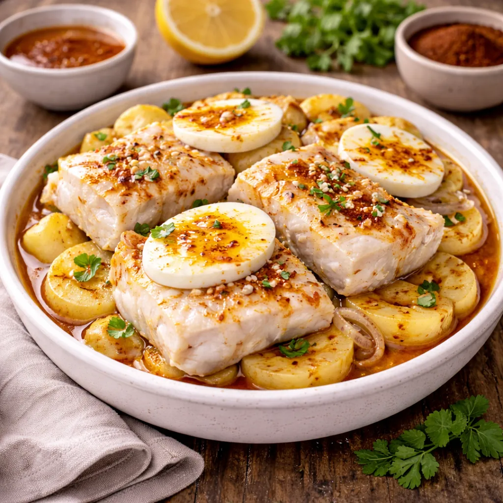 Inicio 25 Un bol blanco con merluza a la gallega, presentando lomos de pescado blancos y jugosos sobre una cama de rodajas de patatas cocidas. Cada lomo de merluza está coronado con una rodaja de huevo cocido y bañado en una salsa de ajada (aceite, ajos y pimentón). El plato está espolvoreado con perejil fresco y pimentón. Al fondo, se ve un ambiente rústico con limones, salsa roja y especias sobre una mesa de madera.