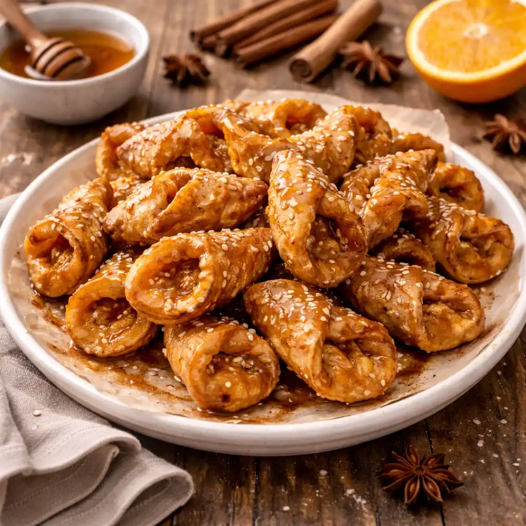 Postres 16 Una montaña de pestiños caseros bañados en miel brillante y espolvoreados con semillas de sésamo blanco, servidos en un plato blanco grande. Los dulces tienen su clásica forma de masa doblada y un color dorado intenso. Al fondo, se aprecia un ambiente rústico con un cuenco de miel, palitos de canela, estrellas de anís y una naranja cortada sobre una mesa de madera oscura.