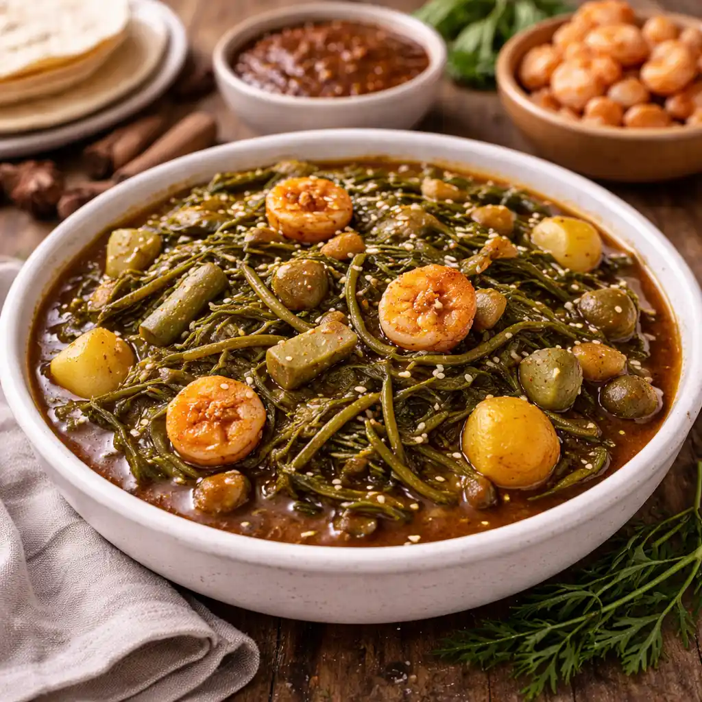 Sopas y cremas 7 Un bol blanco de cerámica con romeritos tradicionales bañados en un mole oscuro y denso. El plato incluye tortitas de camarón doradas, camarones secos enteros, nopales en tiras y patatas cambray cocidas, todo espolvoreado con semillas de sésamo blanco. Al fondo, se ven cuencos con más mole, camarones y tortillas de maíz sobre una mesa de madera rústica.