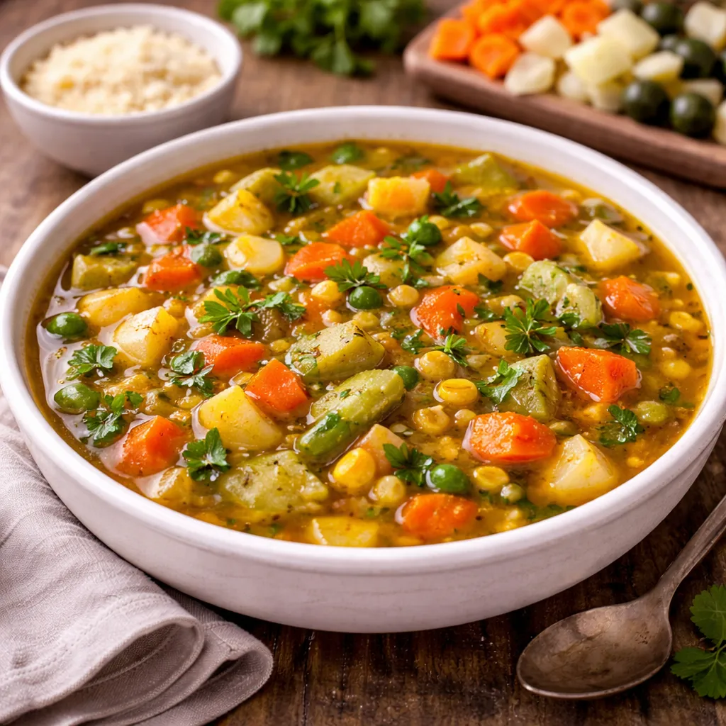 Samosas 8 Un bol blanco de cerámica lleno de una colorida sopa de verduras casera en un caldo dorado. Se aprecian trozos de zanahoria naranja, patatas tiernas, guisantes verdes, maíz dulce y calabacín, todo espolvoreado con perejil fresco picado. Al fondo, se ve un cuenco con queso parmesano rallado y una tabla con verduras troceadas sobre una mesa de madera rústica.