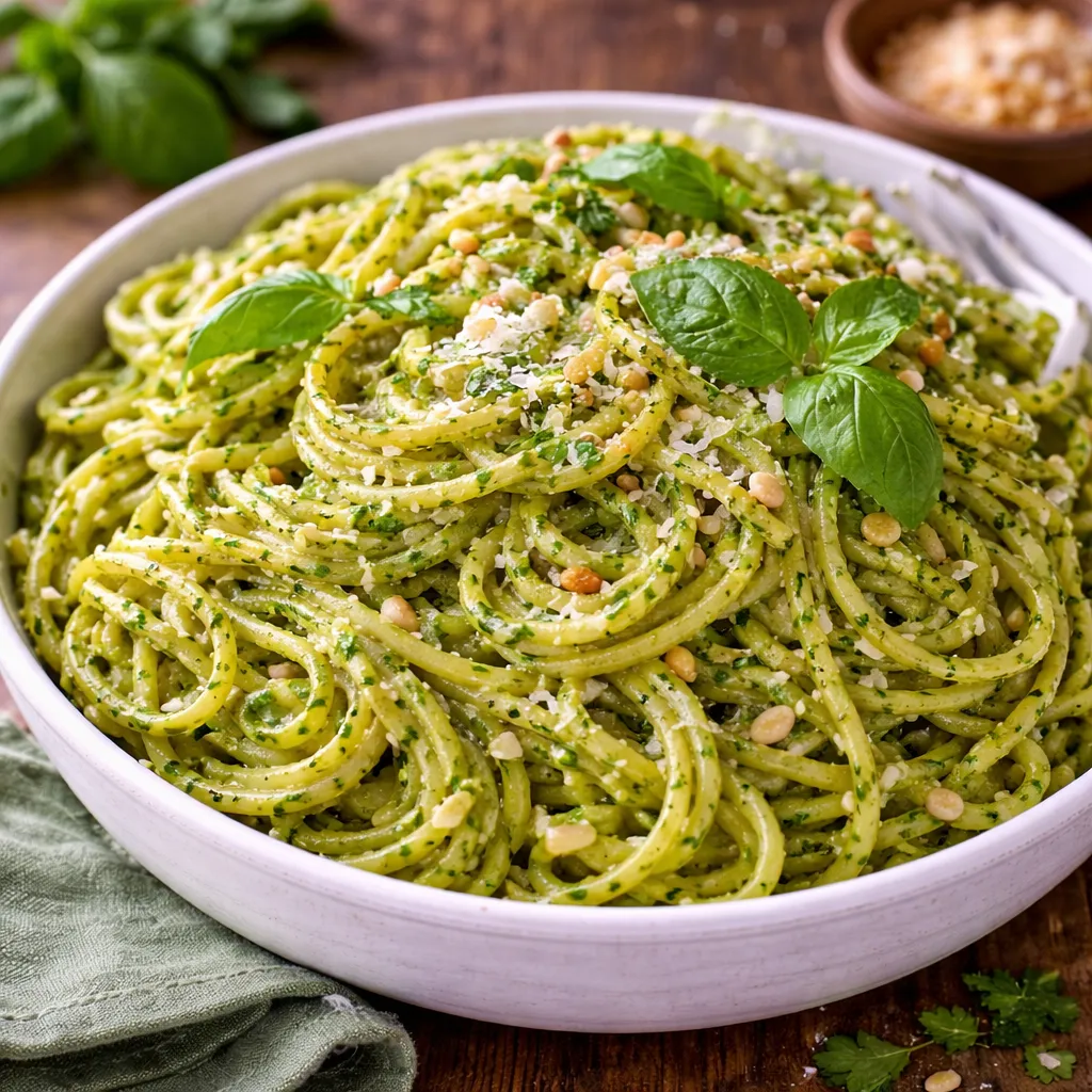 Home 22 Un plato blanco hondo con una generosa ración de spaghetti bañados en salsa pesto de albahaca verde vibrante. La pasta está coronada con piñones tostados, lascas finas de queso parmesano y hojas de albahaca fresca. Al fondo, se aprecia un ambiente rústico con un cuenco de madera lleno de piñones, un trozo de queso parmesano, un mortero con albahaca y una aceitera sobre una mesa de madera oscura.