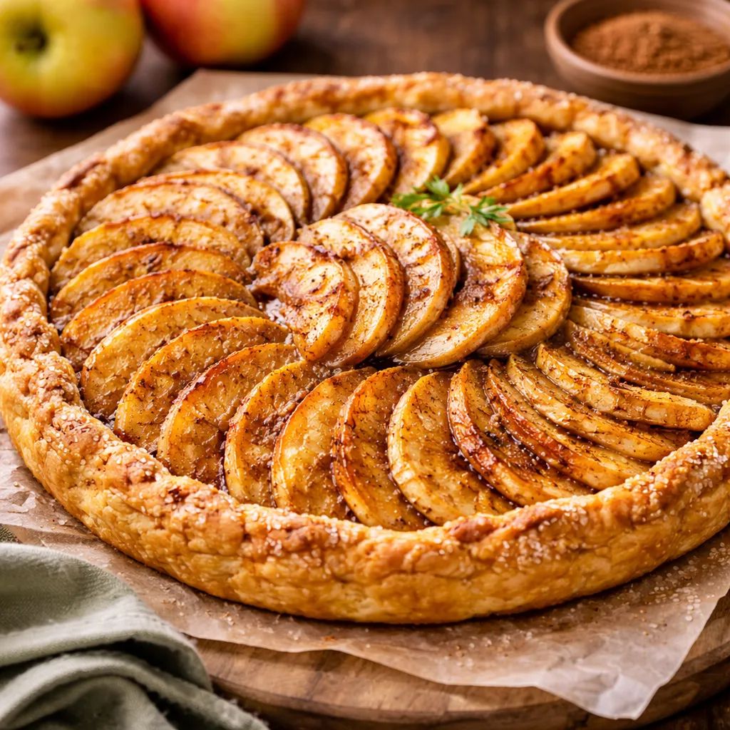 Alcachofas con jamón 9 Una tarta de manzana casera redonda sobre papel de horno y una tabla de madera. El hojaldre está dorado y tiene azúcar espolvoreado en el borde. Las manzanas están dispuestas en rodajas finas y superpuestas en círculos concéntricos, mostrando un color marrón caramelo por la cocción con canela y azúcar. Al fondo se aprecian dos manzanas frescas y un cuenco con canela sobre una mesa de madera oscura.