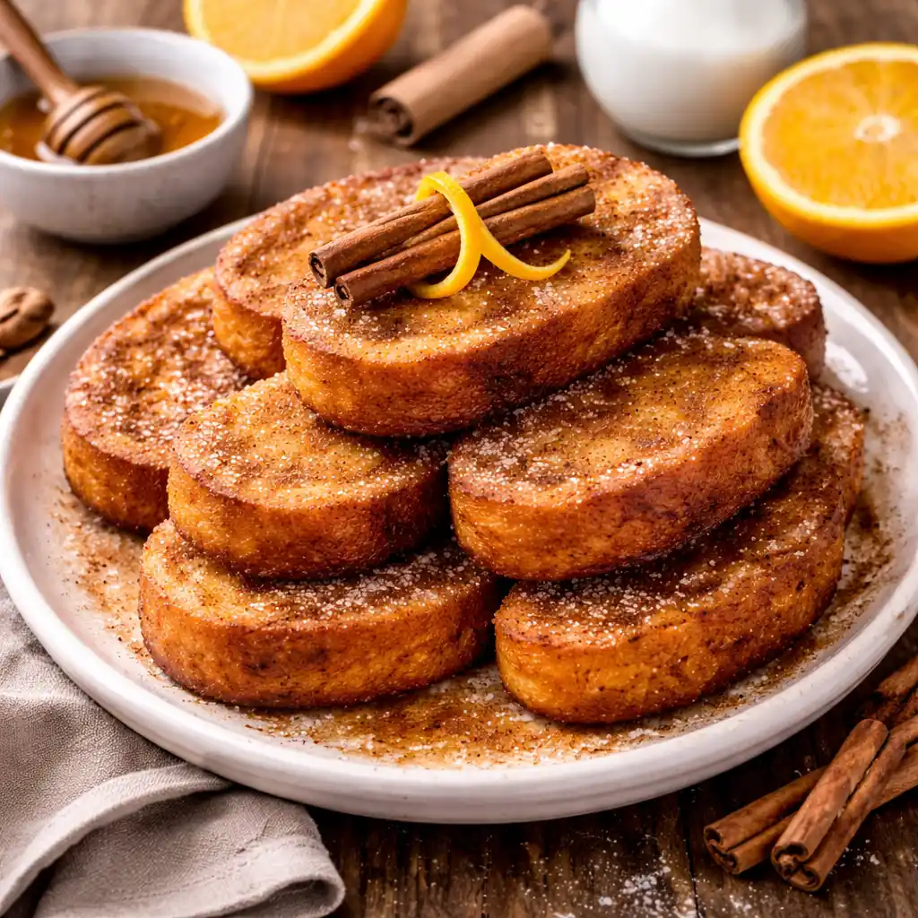 Postres 9 Una pila de torrijas doradas y caramelizadas servidas en un plato blanco. Las rebanadas de pan están empapadas en leche, fritas y rebozadas en una mezcla de azúcar y canela. La torrija superior está decorada con dos palitos de canela en rama y una fina tira de piel de naranja. Al fondo, se aprecian cuencos con miel, más canela, rodajas de naranja y un vaso de leche sobre una mesa de madera oscura.
