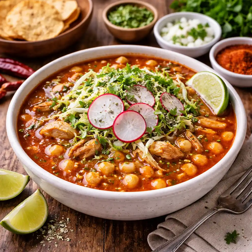 Sopas y cremas 9 Un bol de cerámica blanca lleno de pozole rojo mexicano, un caldo sustancioso con granos de maíz tierno (cacahuazintle) y trozos de carne deshebrada. El plato está coronado con una guarnición fresca de col rallada, rodajas finas de rábano y cilantro picado. Se sirve con rodajas de lima al lado y está rodeado de cuencos con cebolla picada, orégano, chile en polvo y totopos sobre una mesa de madera rústica.