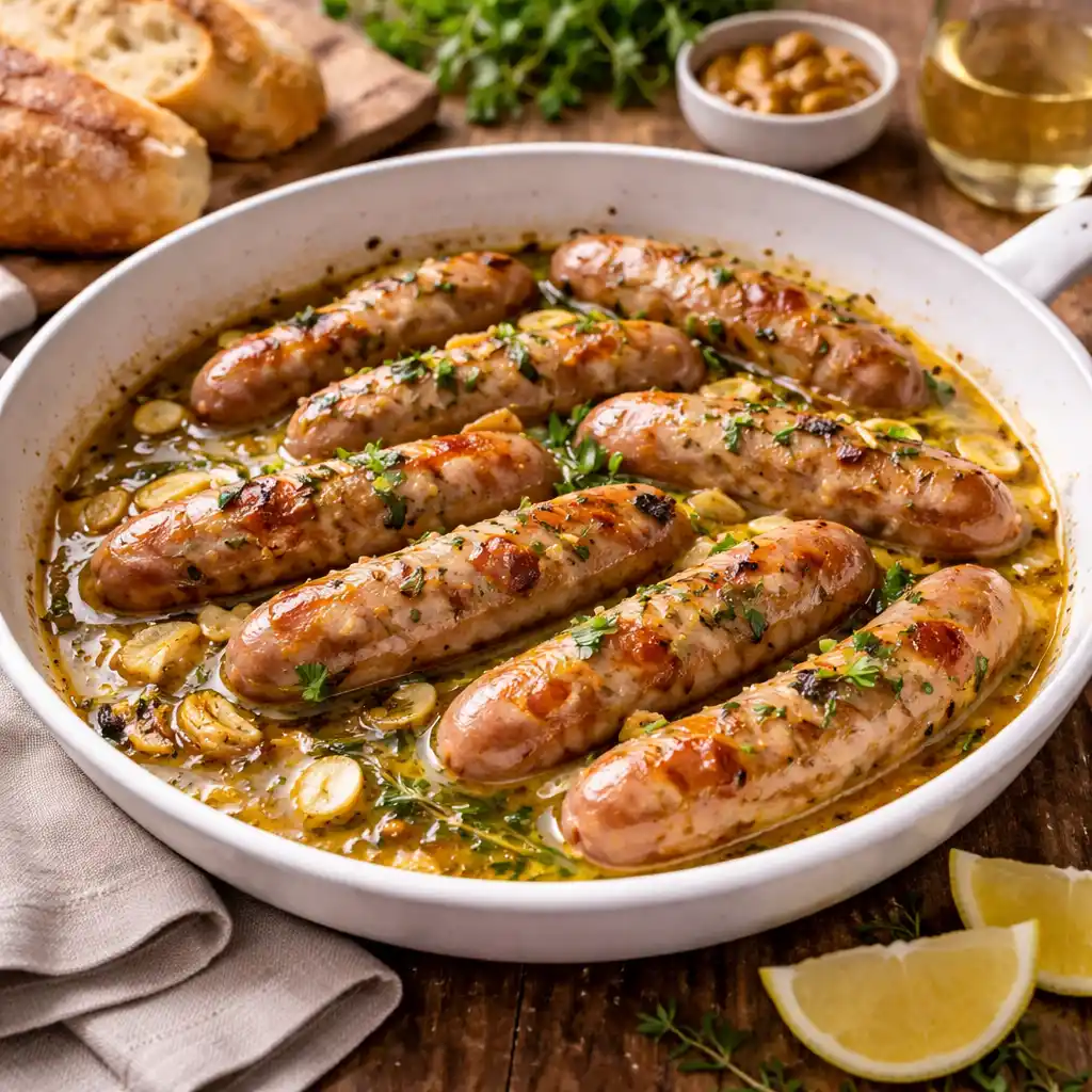 Home 26 Una sartén blanca profunda llena de salchichas de cerdo doradas y jugosas cocinadas a fuego lento en una rica salsa de vino blanco. Se aprecian abundantes rodajas de ajo tierno y hierbas frescas picadas (perejil y tomillo) flotando en el caldo. Al fondo, se ve pan rústico, un cuenco con mostaza y gajos de limón sobre una mesa de madera oscura.