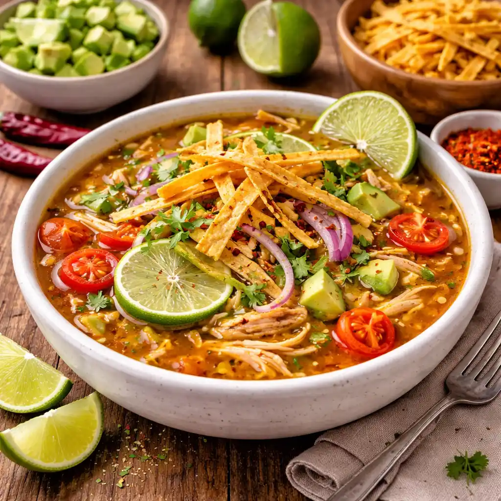 Sopas y cremas 5 Un bol blanco de cerámica con sopa de lima yucateca. El caldo dorado contiene pollo deshebrado y está decorado con tiras de tortilla frita crujientes, rodajas de lima verde, cubos de aguacate, rodajas de cebolla morada y tomates cherry. Al fondo, se ven cuencos con más aguacate, tiras de tortilla y limas sobre una mesa de madera rústica.