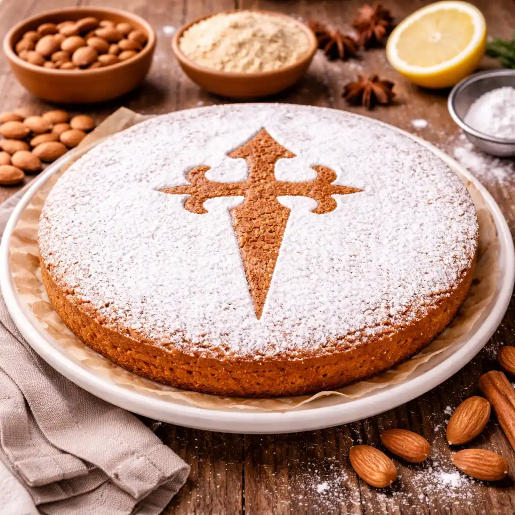 Cocina Española 25 Una tarta de Santiago entera y circular servida en un plato blanco con papel de horno. La superficie está generosamente espolvoreada con azúcar glas, dejando al descubierto la forma de la Cruz de Santiago en el centro. Al fondo, se aprecian cuencos con almendras crudas, harina de almendra, un limón y azúcar glas, junto a una servilleta de lino sobre una mesa de madera rústica.